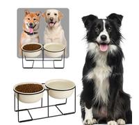 Ceramic Elevated Dog Bowl Set - Large Dog Feeding Bowls with Non-Slip Metal Stand - Raised Dog Food and Water Bowl Set - Double Pet Dishes for Medium and Large Dogs - 3.5 Cups - 54 fl oz - Beige