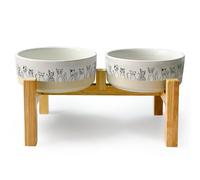 Ceramic Elevated Dog Bowls with Wooden Stand，6.1inch Raised Dog Bowl with Cute Pattern for Small and Medium Breed Dogs,2 Pack Dogs Food and Water Bowl Set,Weighted Pet Bowls Dishwasher Safe