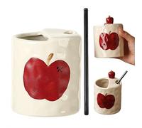 Ceramic Espresso Cups with Sip Hole, Hand-Painted Apples Design Coffee Mugs, Handmade Pottery Travel Tumbler for Tea Latte and Milk, Microwave Dishwasher Safe Gifts for Coffee Lovers, Red (C)