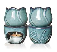 Ceramic Essential Oil Burner Wax Melt Burner Set of 2 with Candle Spoon, Removable Aromatherapy Burner Blue Ceramic Aroma Oil Candle Diffuser Wax Tart Warmer for Home Bedroom Decor