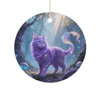 Ceramic Fantasy Cat Christmas Ornament 3 Inch Round Hanging Ornaments Double Sided Holiday Tree Decoration for Xmas Wreath Gift Tag Party Favor Wedding Keepsake Souvenir Home Decor