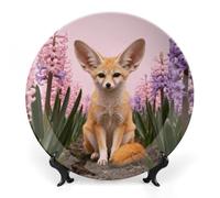Ceramic Fennec Fox in Pink Hyacinths Decorative Plate for Wall Hanging 10inch Large Bone China Dinner Plates with Display Stand Porcelain Art Dish for Home Kitchen Office Wedding Gift Farmhouse Decor