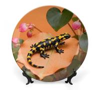Ceramic Fire Salamander on Begonia Decorative Plate for Wall Hanging 10inch Large Bone China Dinner Plates with Display Stand Porcelain Art Dish for Home Kitchen Office Wedding Gift Farmhouse Decor
