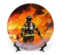 Ceramic Firefighter Fireman Flame Decorative Plate for Wall Hanging 10inch Large Bone China Dinner Plates with Display Stand Porcelain Art Dish for Home Kitchen Office Wedding Gift Farmhouse Decor