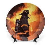 Ceramic Firefighter Fireman Flame Decorative Plate for Wall Hanging 10inch Large Bone China Dinner Plates with Display Stand Porcelain Art Dish for Home Kitchen Office Wedding Gift Farmhouse Decor