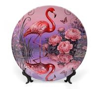 Ceramic Flamingo Peony Pond Decorative Plate for Wall Hanging 10inch Large Bone China Dinner Plates with Display Stand Porcelain Art Dish for Home Kitchen Office Wedding Gift Farmhouse Decor
