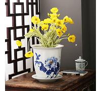 Ceramic Flower Pot Chinese Oriental Blue and White Ceramic Flower Plant Pots Indoor with Porcelain Saucer for Garden and Indoor,Chinoiserie Flower Pot