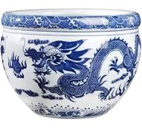 Ceramic Flower Pots Chinese Blue And White Porcelain Asian Double Dragon Fire Pearl Fish Bowl Succulent Plant Pots Succulent Planter Indoor Decoration Cylinder Planter Bonsai Pots-30.5x21.5cm