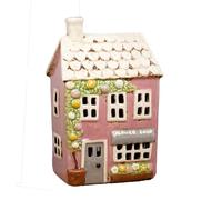 Ceramic Flower Shop Tealight Holder, Pink House Design, 15W x 24H x 10D cm