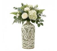 Ceramic Flower Vase Vintage Style Distressed Effect Crackle Glaze Floral Print Botanical Ceramic Vase Bottle Mantelpiece Windowsill Shelf Dining Table Centrepiece Decoration (Green)
