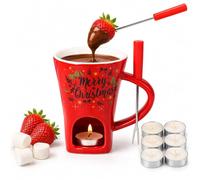 Ceramic Fondue Mug Set, Red Christmas Melting Chocolate Pot with Fork | Ceramic Chocolate Fondue Mug Set, Chocolate Melting Cup, Mini Chocolate Fondue Cup for Date Night Christmas Home Dessert Use