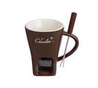 Ceramic Fondue Mugs with Fork - Melting Chocolate Pot with Fork, Chocolate Fondue Mug, Cheese Warmer Cup, Light Candle Fondue Melter Set for Melting Hot Chocolate for Home, Brown