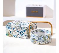 Ceramic Fruit Basket with Wooden Handle,6.3in Round Fruit Bowl,Beautiful Fruit Plate for Living Room Coffee Table, Home-Use Afternoon Tea Snack Ceramic Basket(White)