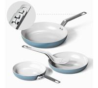 Ceramic Frying Pan with Floating Stackable Design - Non Stick Frying Pans 3pc (20/24/28 cm), Non Toxic Cookware, PFAS/PTFE/PFOA-Free, All Cooktops, Oven Safe, Light Blue