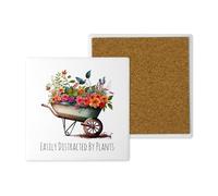 Ceramic Gardening Coasters - Hand-Printed in the UK - 10cm x 10cm - Watercolour Floral Designs - Gift for Garden Lovers (Easily Distracted by Plants)