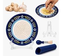 Ceramic Garlic Grater Plate, 4-Piece Set 4.5inches Garlic Grater Dish, Double Circle Design with Flower, Grating Dish for Garlics Ginger Kitchen Tool with Peeler, Brush, Stand