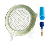 Ceramic Garlic Grater Plate - 4-Piece Set | Ginger & Cheese Grinder | 13.5x13.5x2cm Grinding Dish with Silicone Peeler, Brush & Stand, Non Metal High Friction for Spices Zest Oil