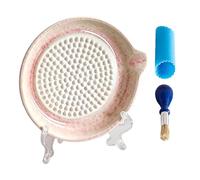 Ceramic Garlic Grater Plate - 4-Piece Set | Ginger & Cheese Grinder | 13.5x13.5x2cm Grinding Dish with Silicone Peeler, Brush & Stand, Non Metal High Friction for Spices Zest Oil