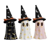 Ceramic Ghost Decor 3PCS Light up Cute Ghost Figurine with Witch Hat Spooky Home Decor for Mantel, Shelf & Tabletop