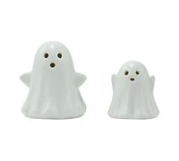 Ceramic Ghost Decor Set of 2 - Light Up Mini Ghost Figurines with LED, Battery-Powered Halloween Decorations for Indoor Use, Cute Tabletop or Shelf Centrepiece