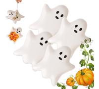 Ceramic Ghost Plate, Ghost Shaped Serving Tray Plates, Cute Ghosts Ceramic Tray Candy Storage Trays,for Desserts, Snacks, Jewelry & Trinkets, Halloween Party Decor & Trick (4PC)