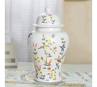 Ceramic Ginger Jar With Lid Flower Birds Pattern,Porcelain Vase Food Storage Jar,Decorative Ceramic Bud Vase,Porcelain Jar Tea Storage,Home Decor Temple Jar,Beige,Blue (White)