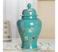 Ceramic Ginger Jar With Lid Flower Birds Pattern,Porcelain Vase Food Storage Jar,Decorative Ceramic Bud Vase,Porcelain Jar Tea Storage,Home Decor Temple Jar,Beige,Blue (Green)