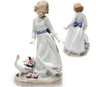 Ceramic Girl Figurines Goose Statues Cut Duck Sculpture, Lady Porcelain with Pet Flower Home Decor, Art Ware Figure Desktop Decorations, Collectible Girls Great Gift Crafts, Ornaments for Home Party