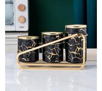 Ceramic Gold-Patterned Metal Canister Set for Kitchen Countertop - A Set of 3 Kitchen Canisters with Tiered Shelf, Airtight Countertop Flour and Sugar Containers, Coffee and Tea Storage (Black)