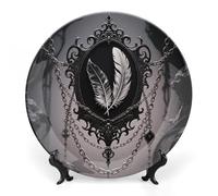 Ceramic Gothic Feather Chains Decorative Plate for Wall Hanging 7inch Large Bone China Dinner Plates with Display Stand Porcelain Art Dish for Home Kitchen Office Wedding Gift Farmhouse Decor