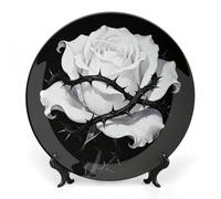 Ceramic Gothic White Rose Decorative Plate for Wall Hanging 6inch Large Bone China Dinner Plates with Display Stand Porcelain Art Dish for Home Kitchen Office Wedding Gift Farmhouse Decor
