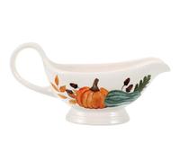 Ceramic Gravy Boat with Handle for Dipping Sauce, Autumn Halloween | White Boat Shape, Pumpkin Printing Design, Smooth Surface, Classic Chic Style for Catering Service and Salad Bar