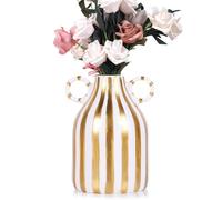 Ceramic Green and White Striped Vase, Hand-Painted Modern Minimalist Bohemian Decor, Central Dining Table, Kitchen Tabletop, Bookshelf, Bedroom Aesthetic Decoration Pottery Autumn(A)