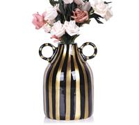 Ceramic Green and White Striped Vase, Hand-Painted Modern Minimalist Bohemian Decor, Central Dining Table, Kitchen Tabletop, Bookshelf, Bedroom Aesthetic Decoration Pottery Autumn(A)