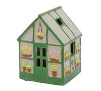 Ceramic Greenhouse Tealight Holder | 15cm Rustic Green House Candle Holder with Embossed Flowers & Cut-Out Windows