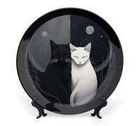 Ceramic Hand Drawn Two Cats Decorative Plate for Wall Hanging 6inch Large Bone China Dinner Plates with Display Stand Porcelain Art Dish for Home Kitchen Office Wedding Gift Farmhouse Decor