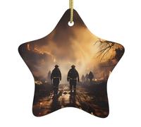 Ceramic Hanging Decoration Star Shape Firefighters fighting fires Print for Festival Tree Decor, All-Match Fashion Design