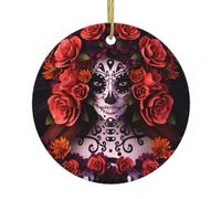 Ceramic Hanging Decorative Ornaments – Day Of The Dead Sugar Roses Skull Full-Print Christmas Tree Home Party, Round Keepsake