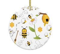 Ceramic Hanging Decorative Ornaments – Flying Bees Daisy Honey Full-Print Christmas Tree Home Party, Round Keepsake