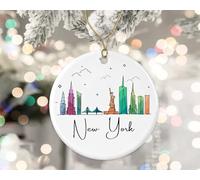 Ceramic Hanging New York City Landmarks Colorful Skyline Graphic Ceramic Ornament Novelty Christmas Tree Decoration Double Sided Ceramics Xmas Ornament For Family Party Home Decor 7.3CM