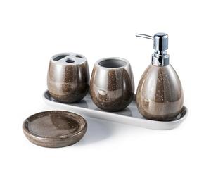 Ceramic Haven Luxe Collection | Oval Set of 5 Premium Bathroom Accessories | Soap Dispenser, Toothbrush Holder, Multipurpose Holder, Tumbler, Vanity Tray | Elegant Décor & Organiser (Luxe Bronze)