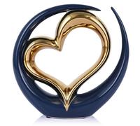 Ceramic Heart Decor Love Statue, Navy Blue Gold Double Hearts Sculptures for Home Table Centerpiece Decor, Valentine, Wedding, Decorative Items for Shelves, Coffee Table Decor (Hug Heart-Round)