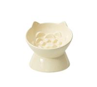 Ceramic High Footed Slow Food Slanted Mouth Pet Bowl, Neck Protection, Anti Overturning Pet Cat Drinking Feeder Bowl(Beige)