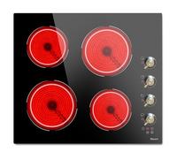 Ceramic Hob 4 zones with Knob, Electric Hobs 4 Burners 60cm, Built in Electric Ceramic Hob 6000W with 9 Power Levels, Pause Control, Child Lock