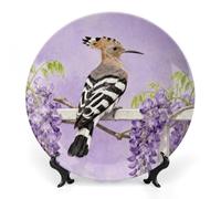 Ceramic Hoopoe on Purple Wisteria Decorative Plate for Wall Hanging 6inch Large Bone China Dinner Plates with Display Stand Porcelain Art Dish for Home Kitchen Office Wedding Gift Farmhouse Decor