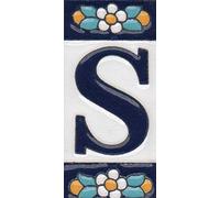 Ceramic House Tile Numbers & Letters, Blue Floral Design, Tile Size: 7.5cm x 3.5cm (Letter S)