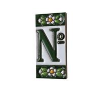 Ceramic House Tile Numbers & Letters, Green Floral Design, Tile Size: 7.5cm x 3.5cm, 2 to 6 Tile Frames (No tile)
