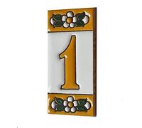 Ceramic House Tile Numbers & Signs with Ochre Floral Design, 7.5cm x 3.5cm, 2 to 10 Tile Frames (1)