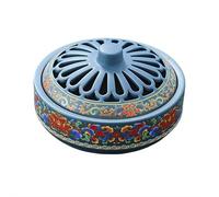 Ceramic Incense Burner Holder 15.5cm/6in Large with Fireproof Cotton, Vintage Enamel Floral Design - Safe Fragrant Mosquito Coil & Sandalwood Tray for Home (Blue)