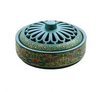 Ceramic Incense Burner Holder 15.5cm/6in Large with Fireproof Cotton, Vintage Enamel Floral Design - Safe Fragrant Mosquito Coil & Sandalwood Tray for Home (Green)